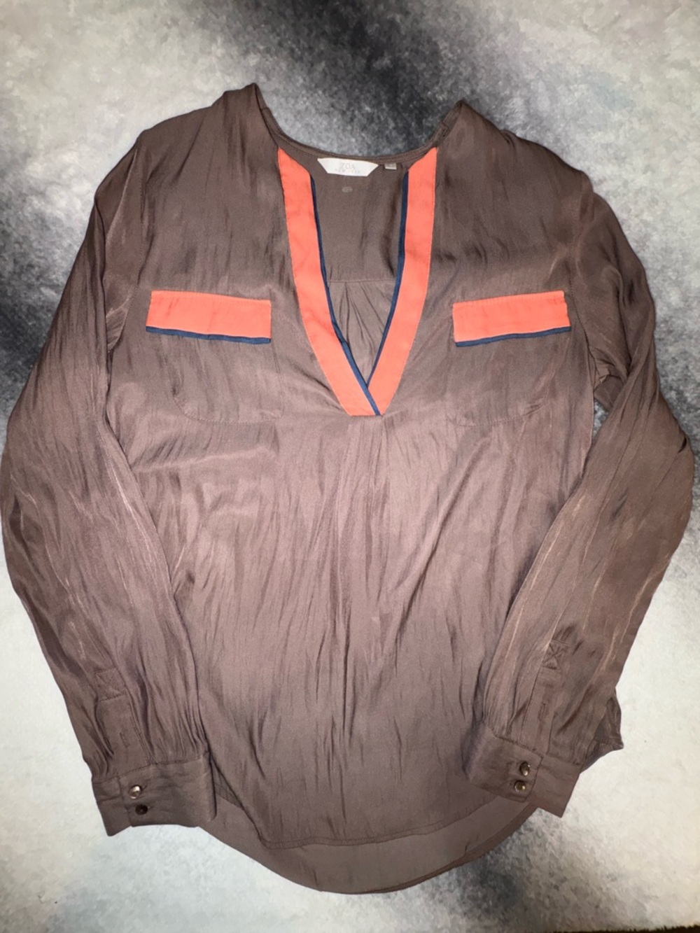 (A6) Zoa Brown‎ V-Neck Blouse with Orange Woven Trim Accents - Size Small